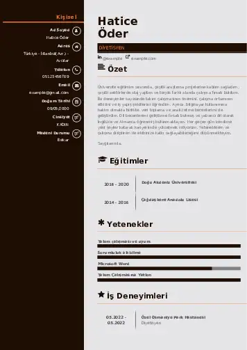 Beslenme Uzmanı Diyetisyen CV Örnekleri cv indir